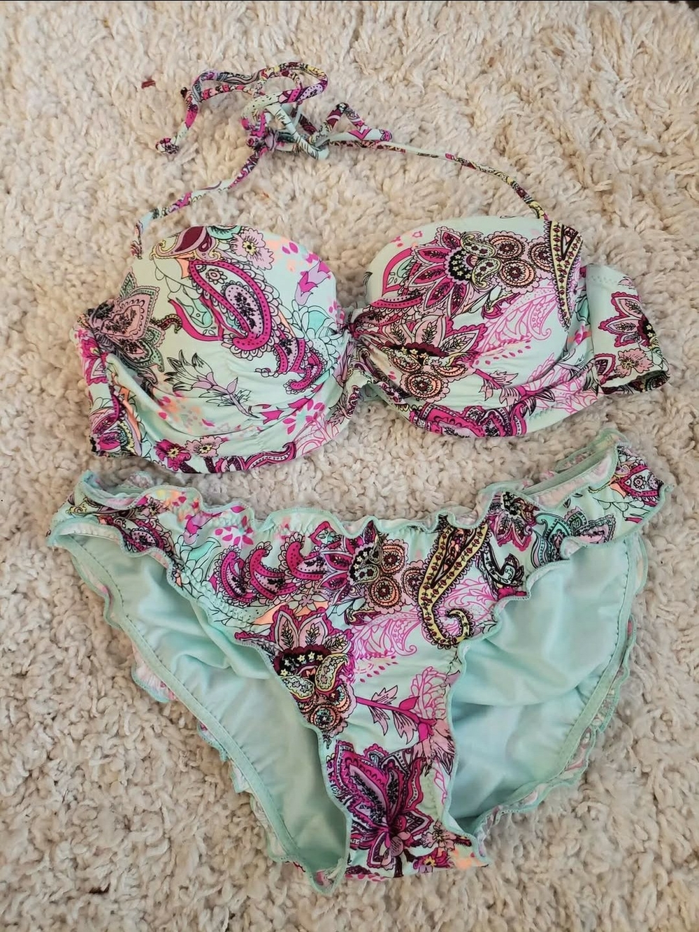 Ardene Mint Paisley Bikini with Pink Accents